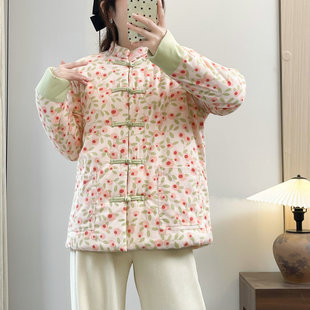 复古碎花棉服纯手工棉花袄女2025冬国风对襟盘扣立领保暖棉衣外套