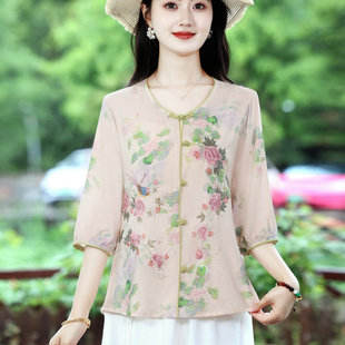 复古盘扣圆领薄款 新中式 新款 女2025夏季 棉麻上衣 国风印花苎麻衬衫