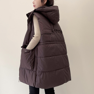 欧货休闲中长款 大口袋加厚连帽马夹外套 羽绒棉马甲女2025秋冬新款