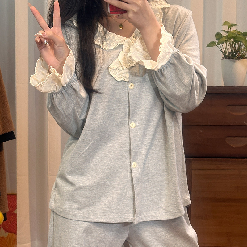 春秋冬季睡衣女可爱小翻领花边甜睡衣/家居服套装