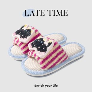 少女心立体猫咪亚麻拖鞋女款宿舍居家室内透气四季可穿棉麻布拖鞋