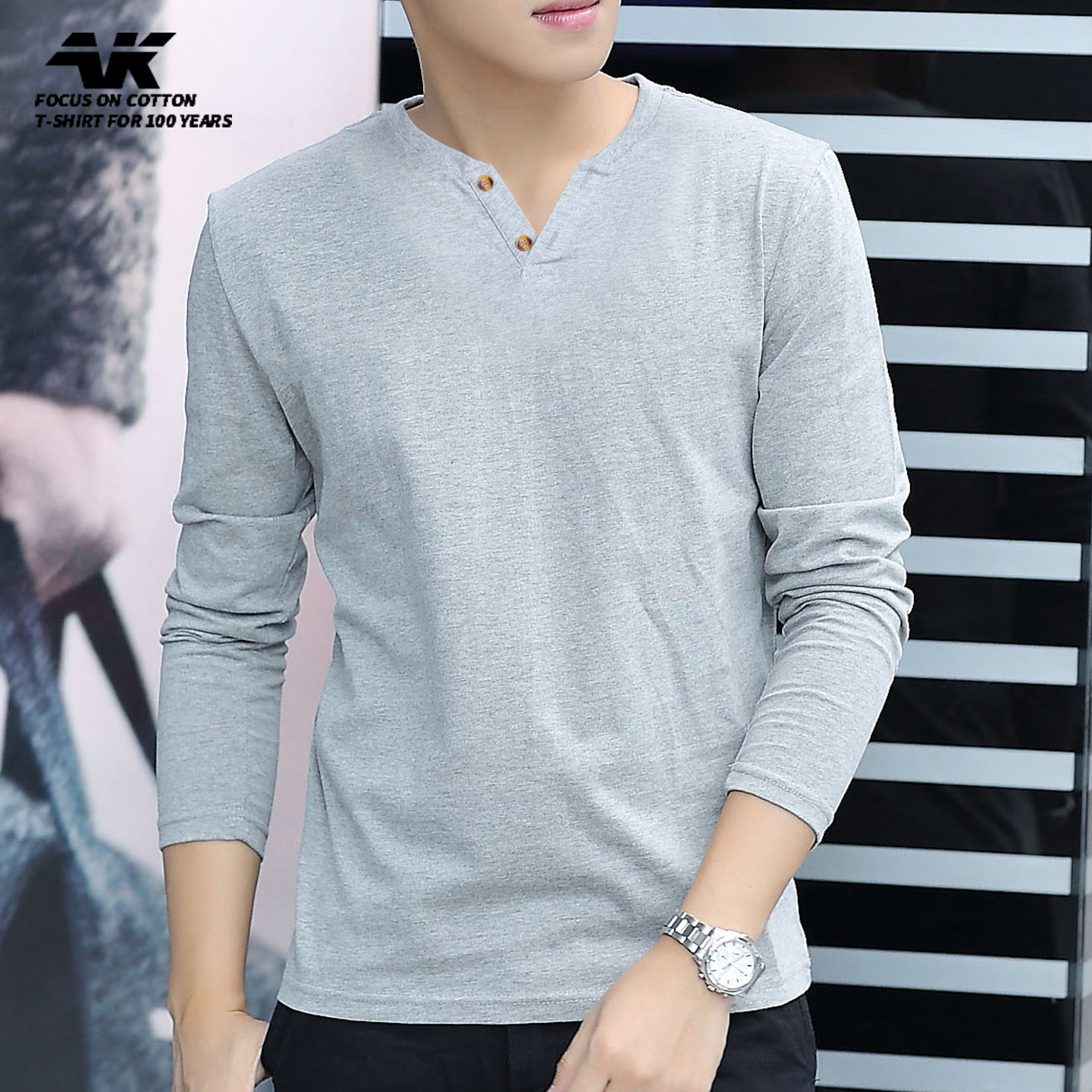 2026春秋季韩版潮流男士扣子款长袖t恤V领纯棉宽松纯色内搭打底衫,男装,T恤,淘宝优惠券,粉丝福利购,淘宝优惠卷