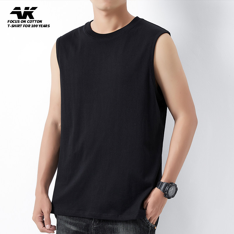 健身港风跑步运动无袖t恤背心男士男装白色宽松纯棉坎肩衣服打底