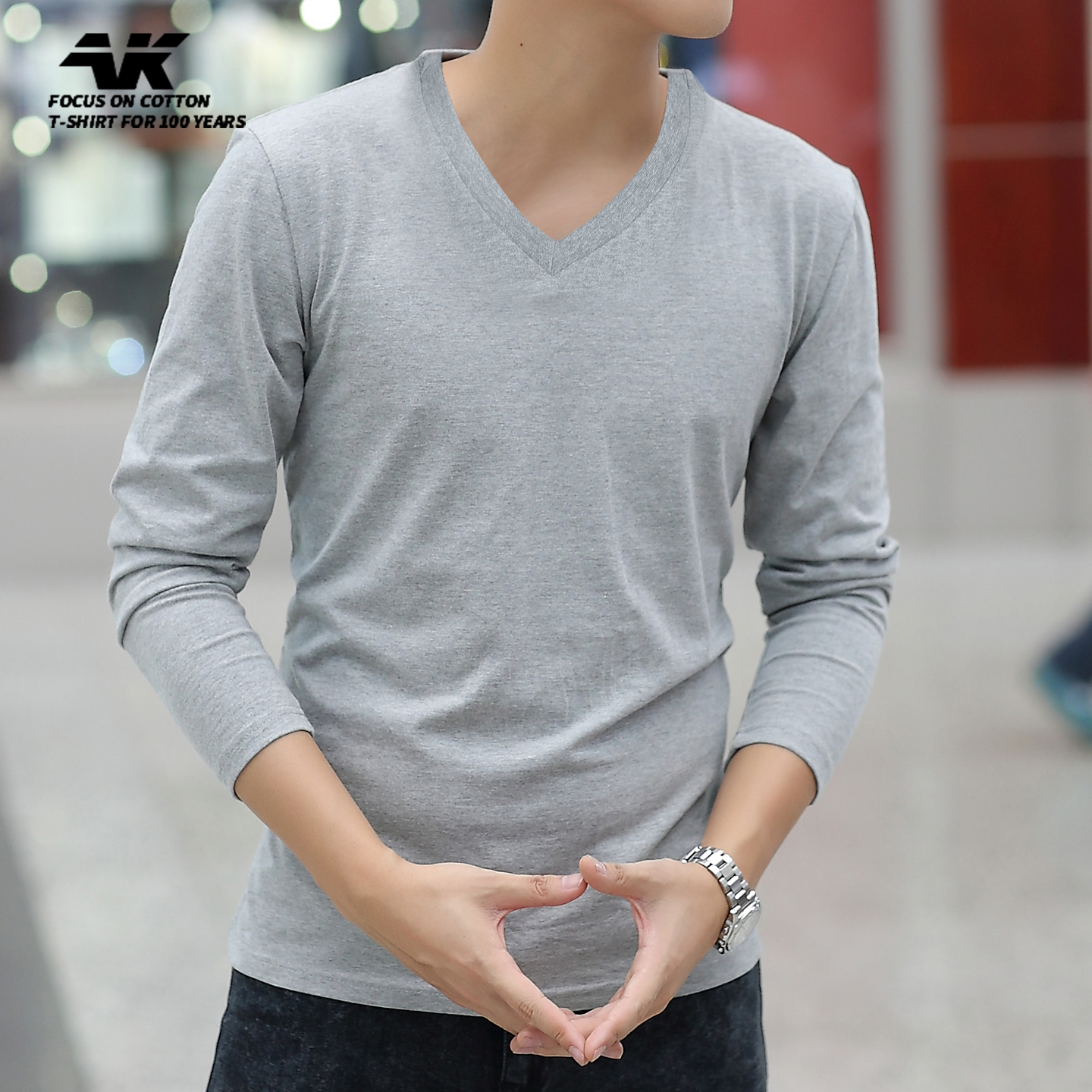 2025春秋季韩版潮流男士鸡心领长袖t恤V领纯棉宽松纯色内搭打底衫