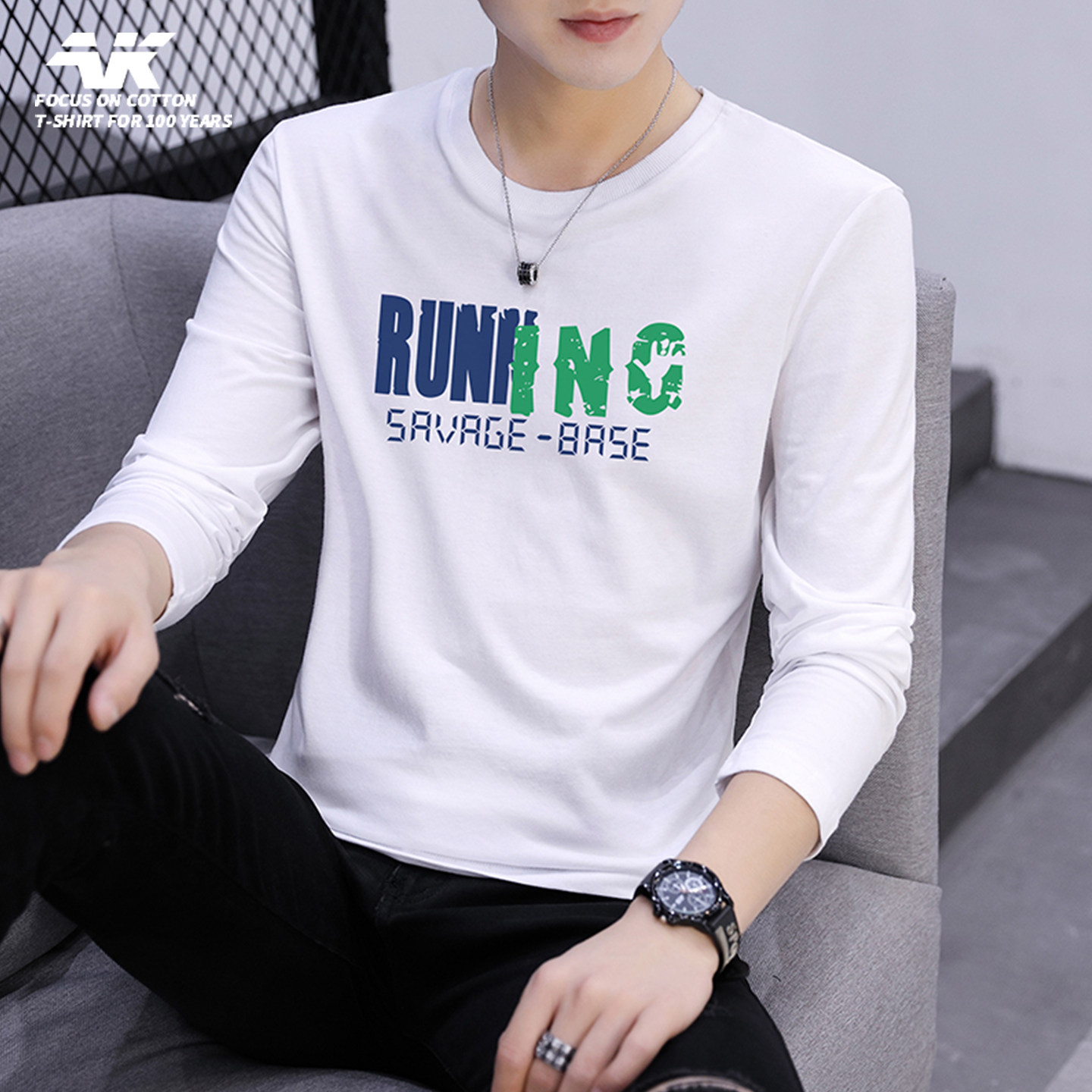 纯棉潮流男士修身印花长袖T恤男装宽松圆领休闲套头潮牌上衣打底,男装,T恤,淘宝优惠券,粉丝福利购,淘宝优惠卷