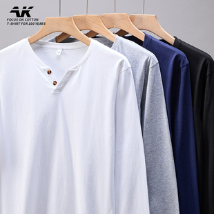 2025新款V领扣子男士长袖韩版修身纯棉潮流T恤上衣服白体恤打底衫