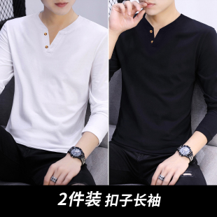 春季 纯棉宽松打底衫 港风男士 V领扣子款 潮流T恤上衣服 长袖 2026新款