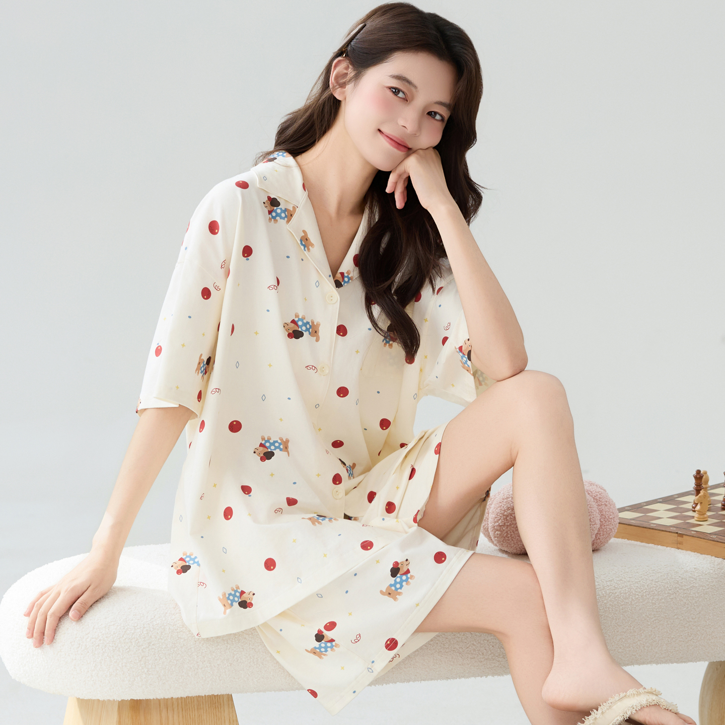 卡之恋睡衣女夏薄款纯棉短袖白色腊肠狗波点短裤日系家居服可外穿