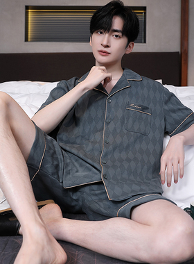 男士睡衣夏季纯棉薄款短袖2026新款格子睡裤夏款青少年家居服套装