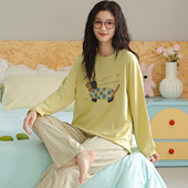 卡之恋睡衣女款 纯棉布料100全棉可外穿家居服春 T恤格子裤 秋季 长袖