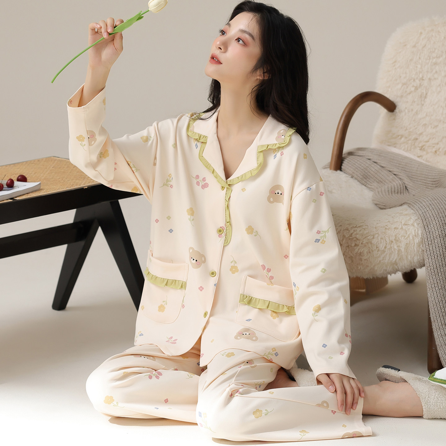 卡之恋睡衣女款春秋季长袖长裤纯棉可爱小熊碎花女生家居服套装夏