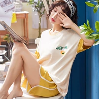 Đồ ngủ mùa hè của phụ nữ quần short ngắn tay cotton tươi hai mảnh tay áo rộng kích thước lớn quần nóng phụ nữ dịch vụ nhà mỏng - Bộ Pajama đồ bộ thể thao nam