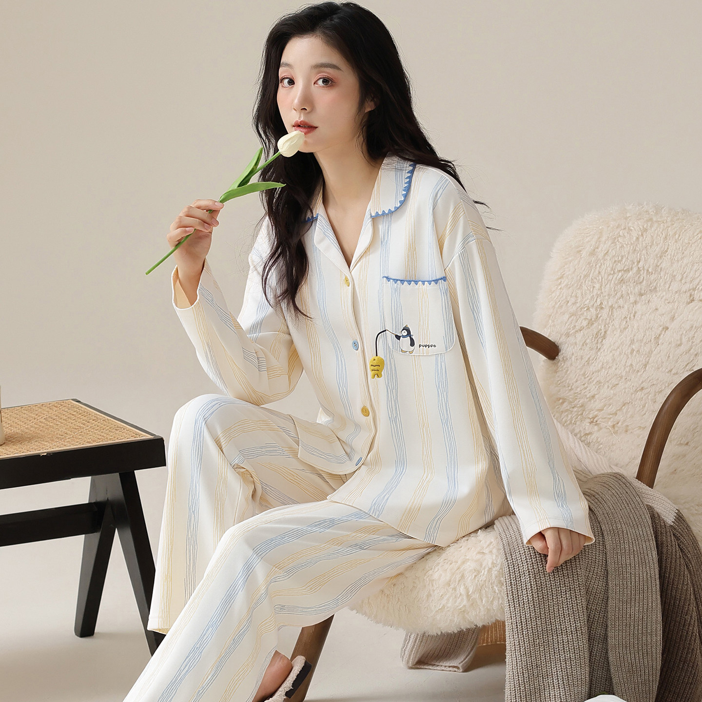 2026新款女长袖条纹家居服套装