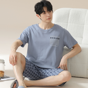 格子薄款 卡之恋睡衣套装 短裤 圆领套头短袖 纯棉学生青年家居服 男款