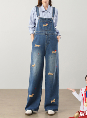 孕之优品孕妇牛仔背带裤春秋2026新款腊肠狗刺绣孕妇裤孕妇装穿搭