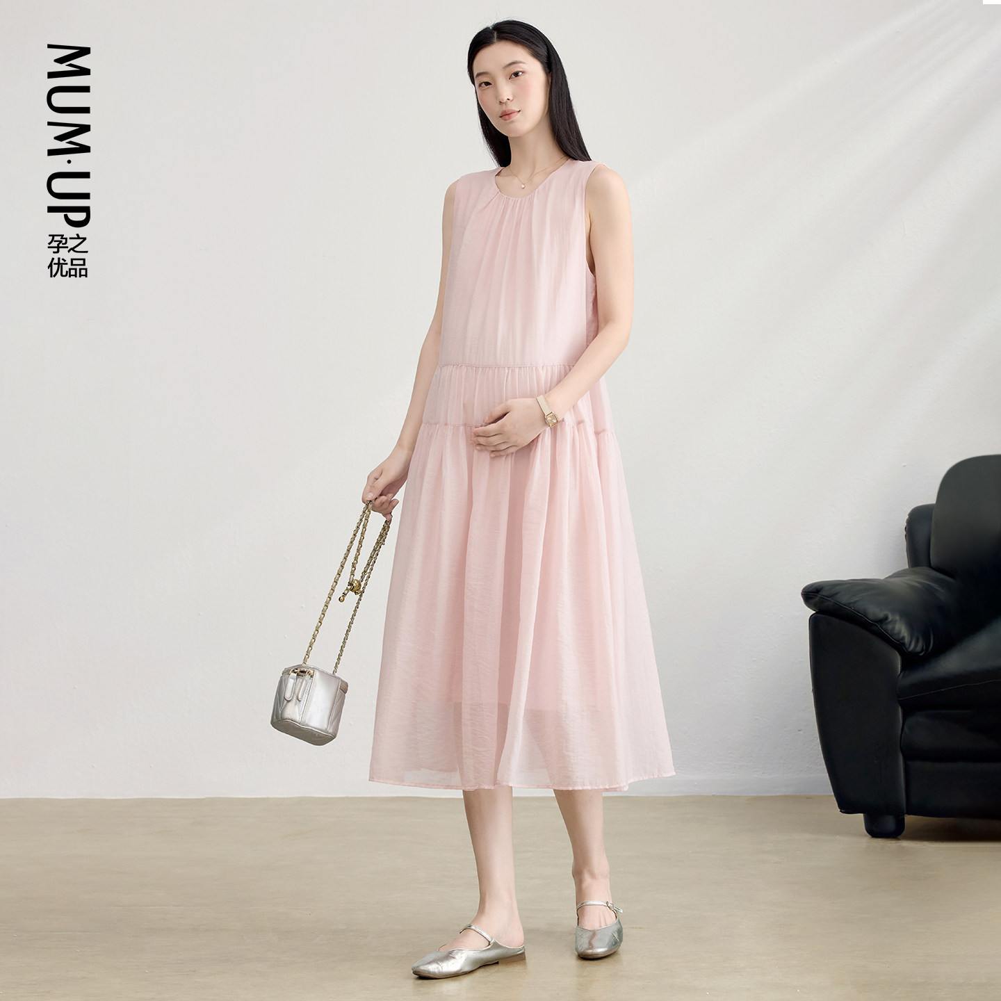 孕妇粉色甜美无袖背心连衣裙女图片