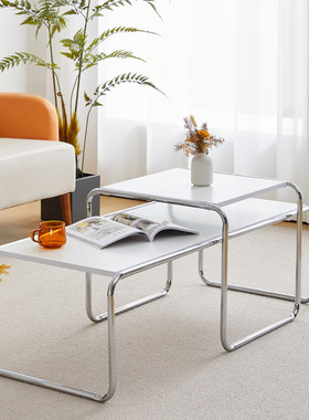 拉齐奥茶几套几中古不锈钢长茶几北欧极简长方形白色边几矮桌子