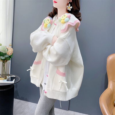 立体花朵甜美娃娃领毛衣开衫女