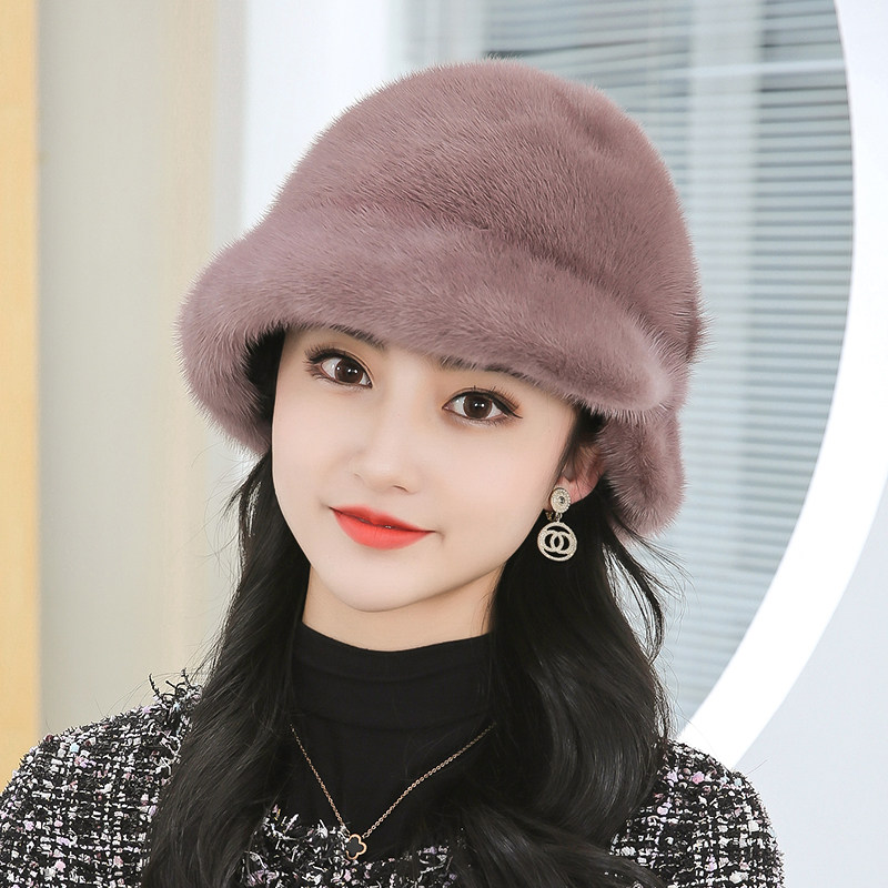 整貂皮帽子女冬天中老年水貂毛护耳保暖太阳帽貂绒皮草帽渔夫盆帽