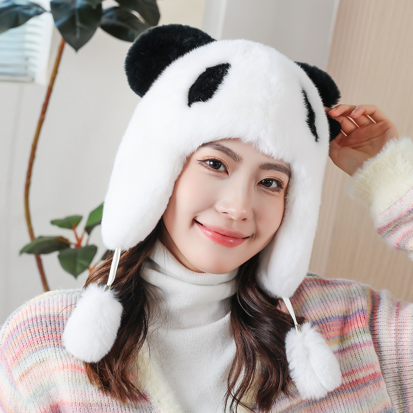獭兔毛熊猫儿童帽可爱毛绒帽子真皮草秋冬保暖护耳帽防寒雷锋帽潮