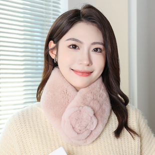 新款圆角獭兔毛围巾女冬真毛简约保暖纯色懒濑兔整皮吸扣皮草围脖