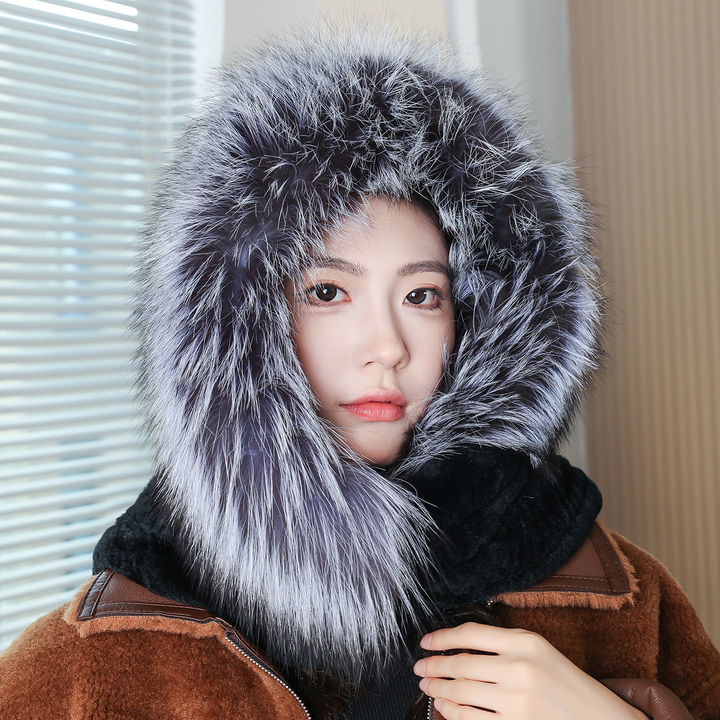 獭兔毛加厚编织风雪帽女围巾帽子一体冬保暖皮草狐狸毛全包护耳帽