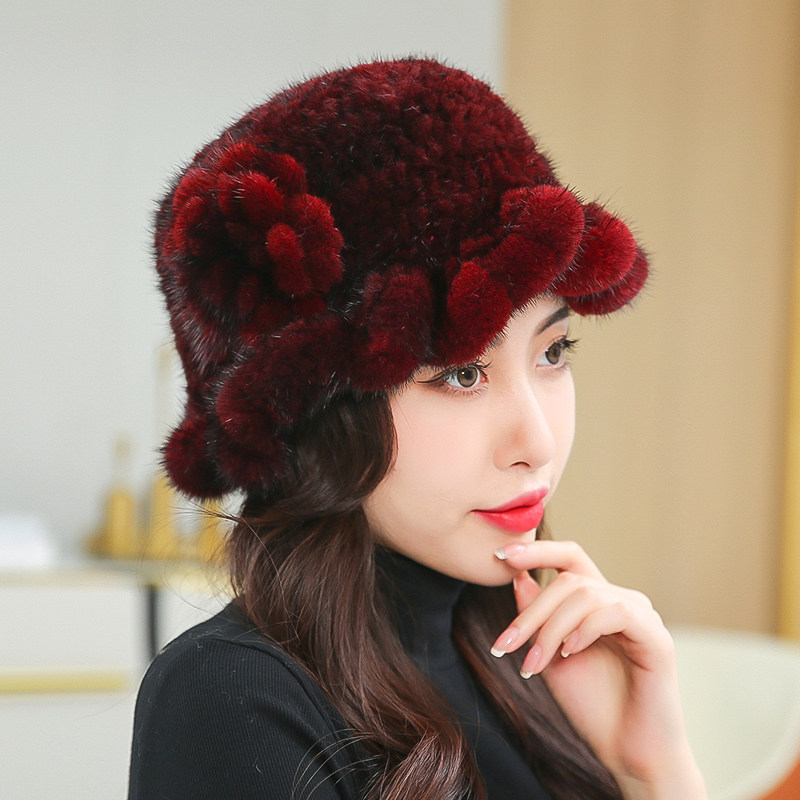 水貂毛皮草帽子女貂皮帽冬季保暖护耳编织中老年奶奶妈妈渔夫盆帽