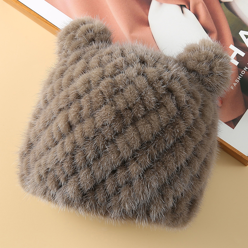 新款水貂毛帽子男女冬季保暖青少年儿童学生可爱猫耳朵护耳皮草帽