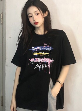 黑色中长款短袖t恤女2026夏新款开叉小众印花休闲上衣潮0514k