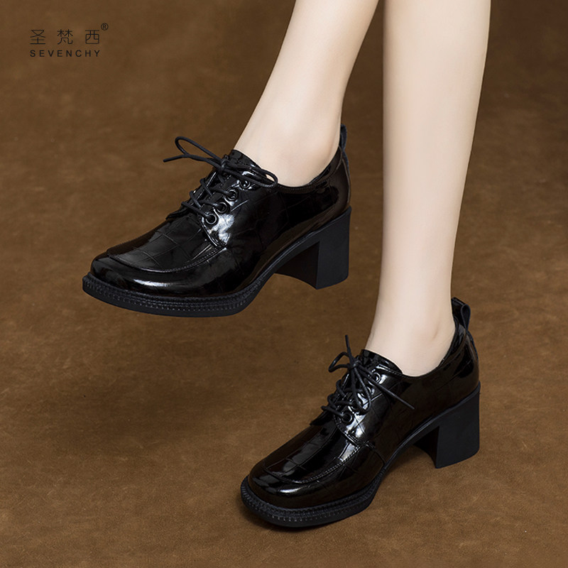 2025新款秋款漆皮女鞋系带粗跟深口单鞋英伦风中跟真皮小皮鞋春秋,女鞋,深口单鞋,淘宝优惠券,粉丝福利购,淘宝优惠卷