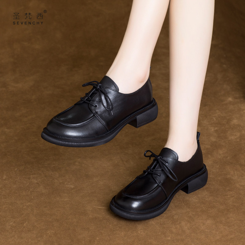 2025新款大码女鞋41一43英伦风软皮系带平底单鞋真皮小皮鞋女春秋,女鞋,深口单鞋,淘宝优惠券,粉丝福利购,淘宝优惠卷