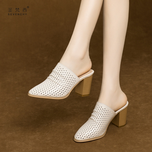 2023年新款软皮包头半拖鞋女夏外穿气质粗跟高跟鞋半托真皮凉拖鞋