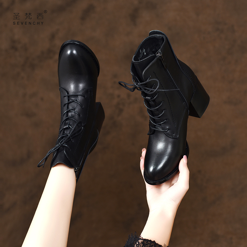 2025新款秋冬季女鞋加绒粗跟马丁靴英伦风系带高跟短靴软皮真皮鞋