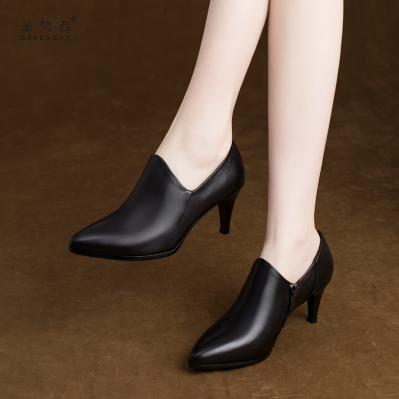 圣梵西真皮细跟单鞋深口高跟鞋