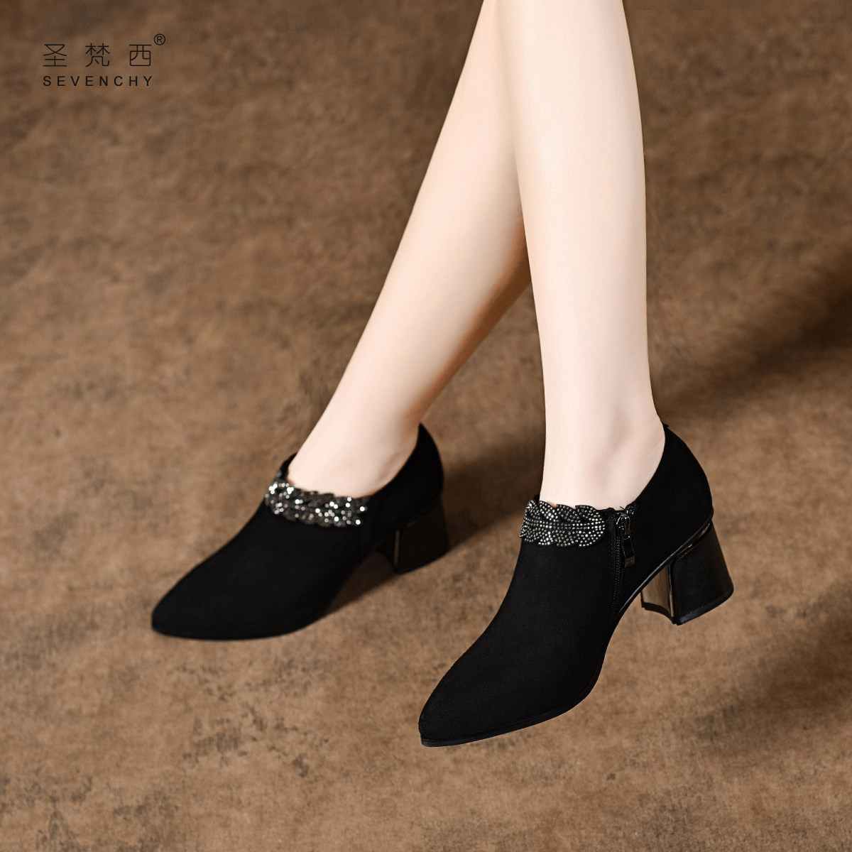 2025新款尖头粗跟高跟鞋绒面气质深口单鞋羊皮磨砂女鞋中跟真皮鞋,女鞋,深口单鞋,淘宝优惠券,粉丝福利购,淘宝优惠卷