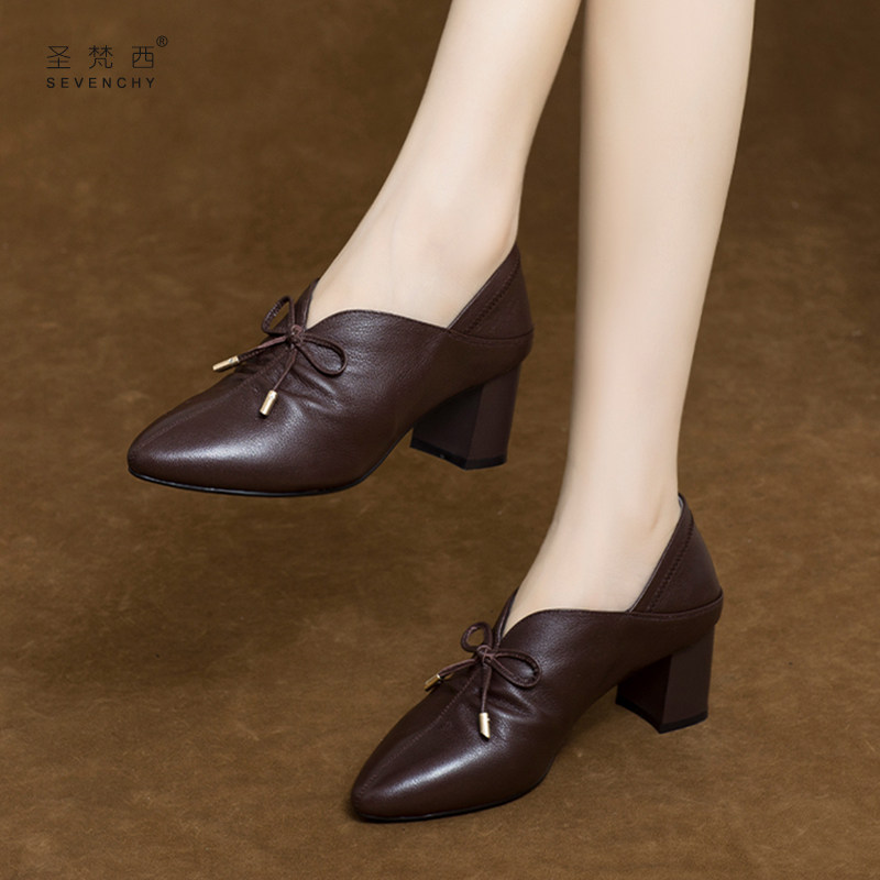 2025年新款棕色女鞋软皮高跟鞋粗跟深口单鞋妈妈中跟真皮鞋春秋季,女鞋,深口单鞋,淘宝优惠券,粉丝福利购,淘宝优惠卷