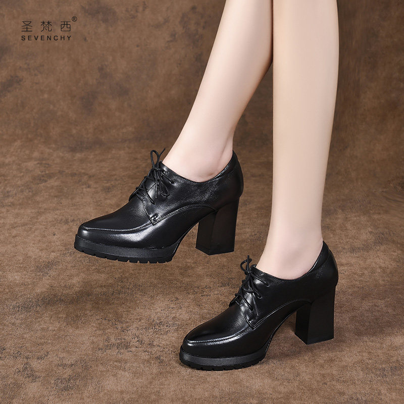 2025新款尖头系带女鞋防水台粗跟高跟鞋软皮深口单鞋真皮鞋女春秋,女鞋,深口单鞋,淘宝优惠券,粉丝福利购,淘宝优惠卷