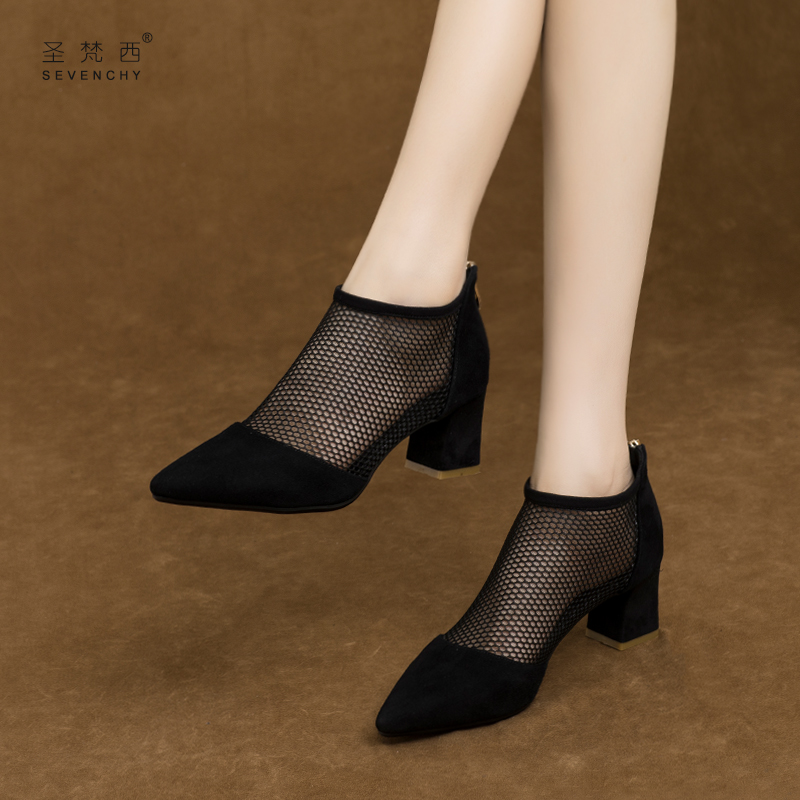 2023年新款尖头镂空女鞋透气网纱高跟鞋春夏季粗跟单鞋中跟真皮鞋