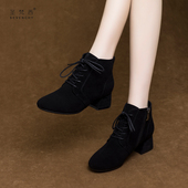 踝靴子 女士中跟磨砂系带真皮小短靴羊皮粗跟皮鞋 2025新款 秋冬女鞋