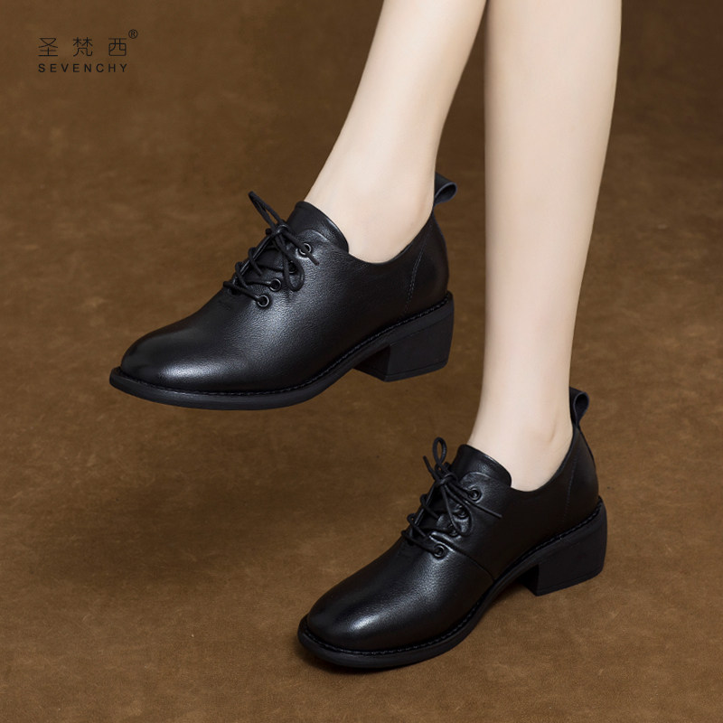 2025年新款圆头粗跟女鞋系带深口单鞋中跟真皮英伦风小皮鞋春秋款,女鞋,深口单鞋,淘宝优惠券,粉丝福利购,淘宝优惠卷