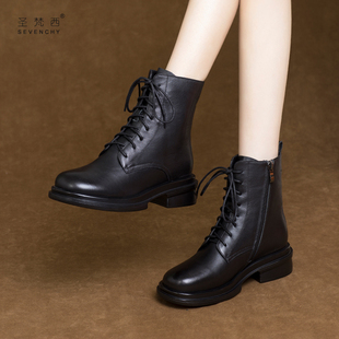 2023年新款 n厚底粗跟马丁靴女英伦风软底软皮短靴中跟真皮 秋冬季