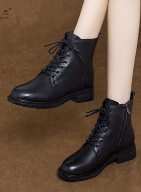 2025新款大码女鞋41到43马丁靴平底短靴真皮鞋冬季加绒棉鞋女靴子