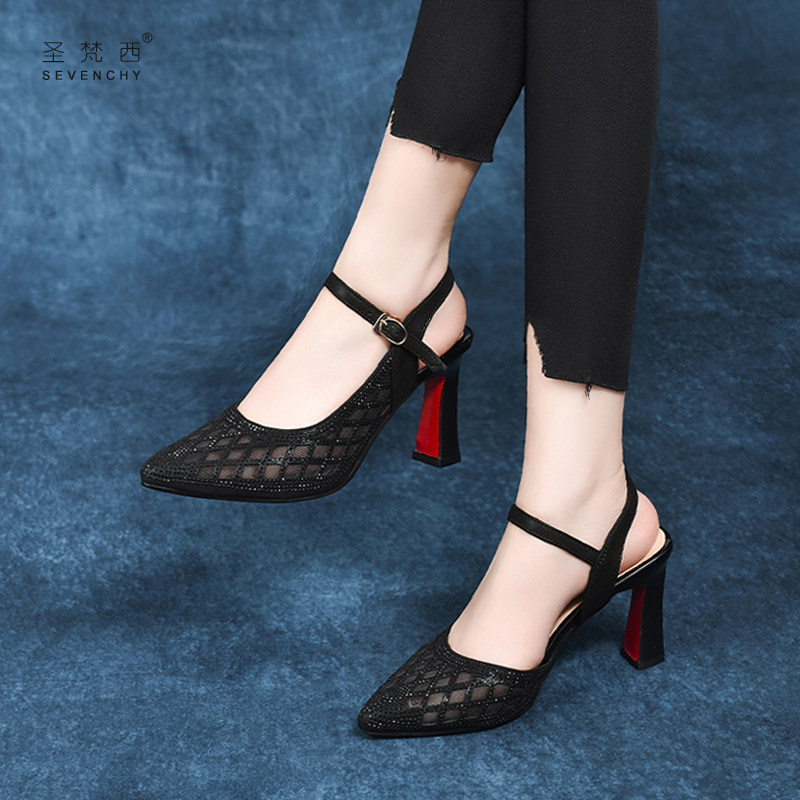 2025年新款夏季女鞋一字扣网纱包头凉鞋高跟鞋细跟单鞋镂空真皮鞋,女鞋,时装凉鞋,淘宝优惠券,粉丝福利购,淘宝优惠卷