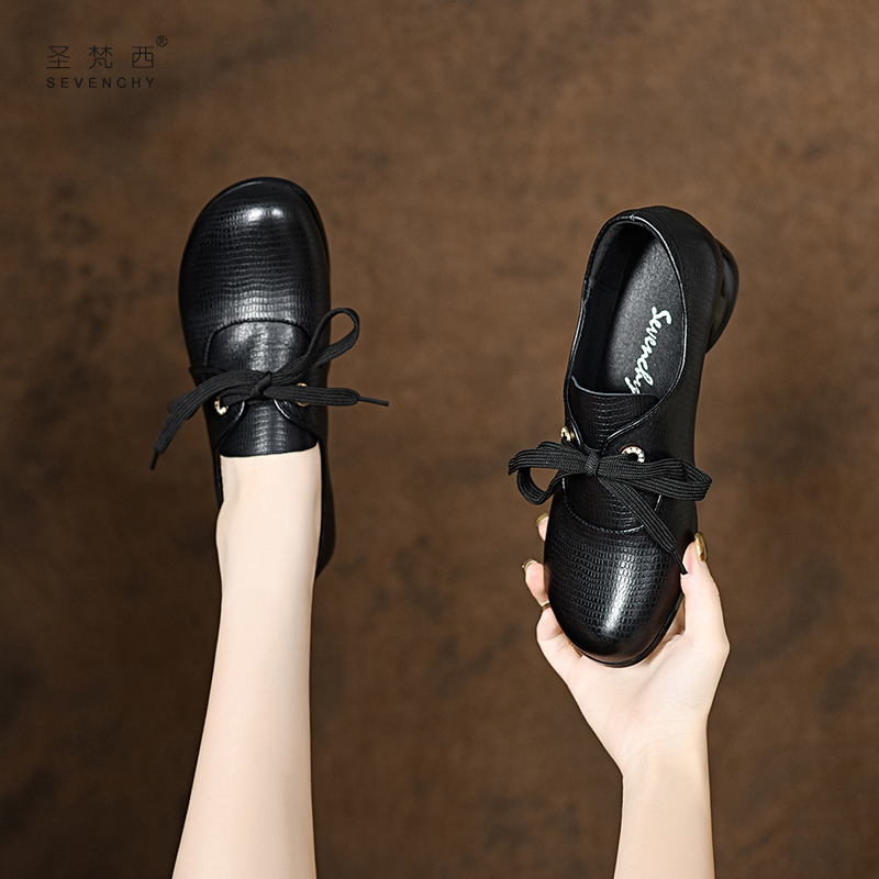 2025新款秋款女鞋圆头系带平底单鞋黑色复古英伦风真皮小皮鞋春秋