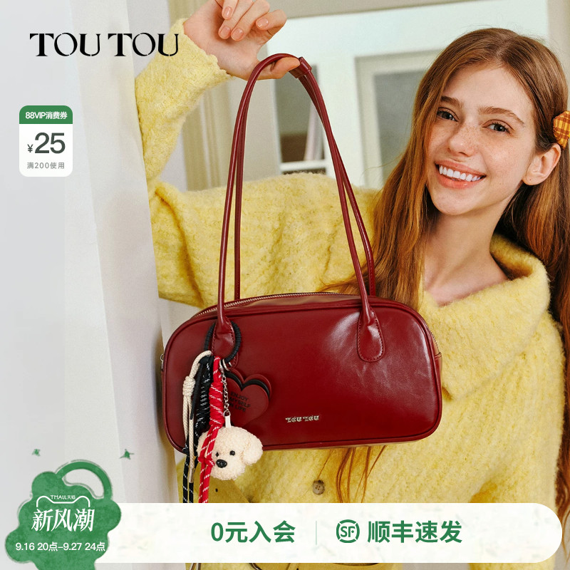 红色礼物TOUTOU2026波士顿保龄球包大容量腋下包红色婚包结婚包图片