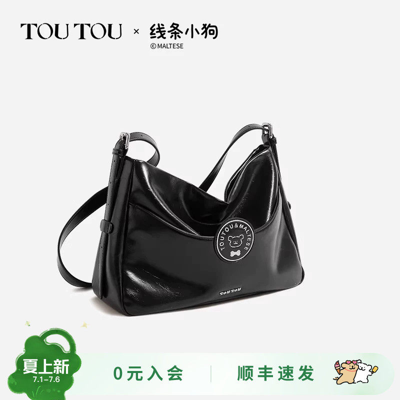 TOUTOU新款线条小狗联名徽章托特包大容量黑色软皮单肩斜挎包女