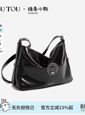 TOUTOU新款线条小狗联名徽章托特包大容量黑色软皮单肩斜挎包女款