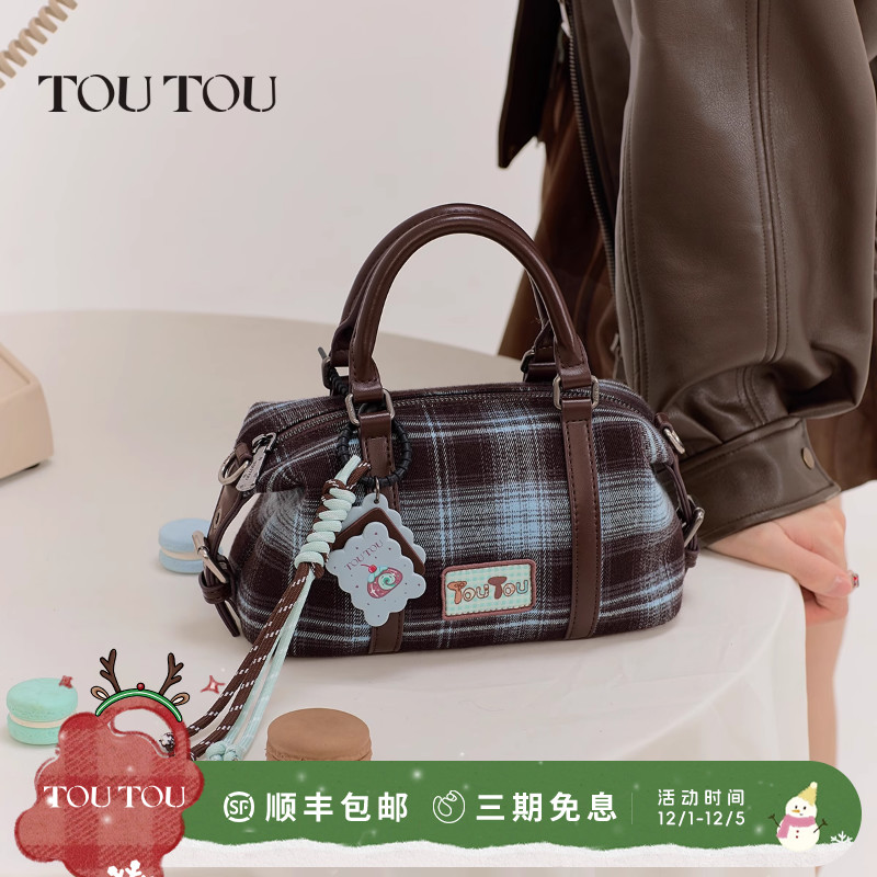 TOUTOU透透格纹波士顿包斜挎包