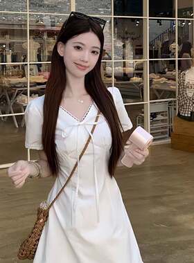 韩系V领短袖收腰显瘦花边短裙法式高级小白裙蝴蝶结系带连衣裙