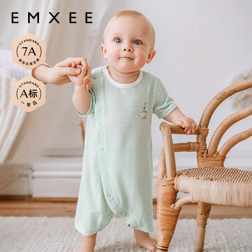 嫚熙婴儿连体衣夏季薄款衣服宝宝睡衣透气网眼短袖哈衣空调爬服